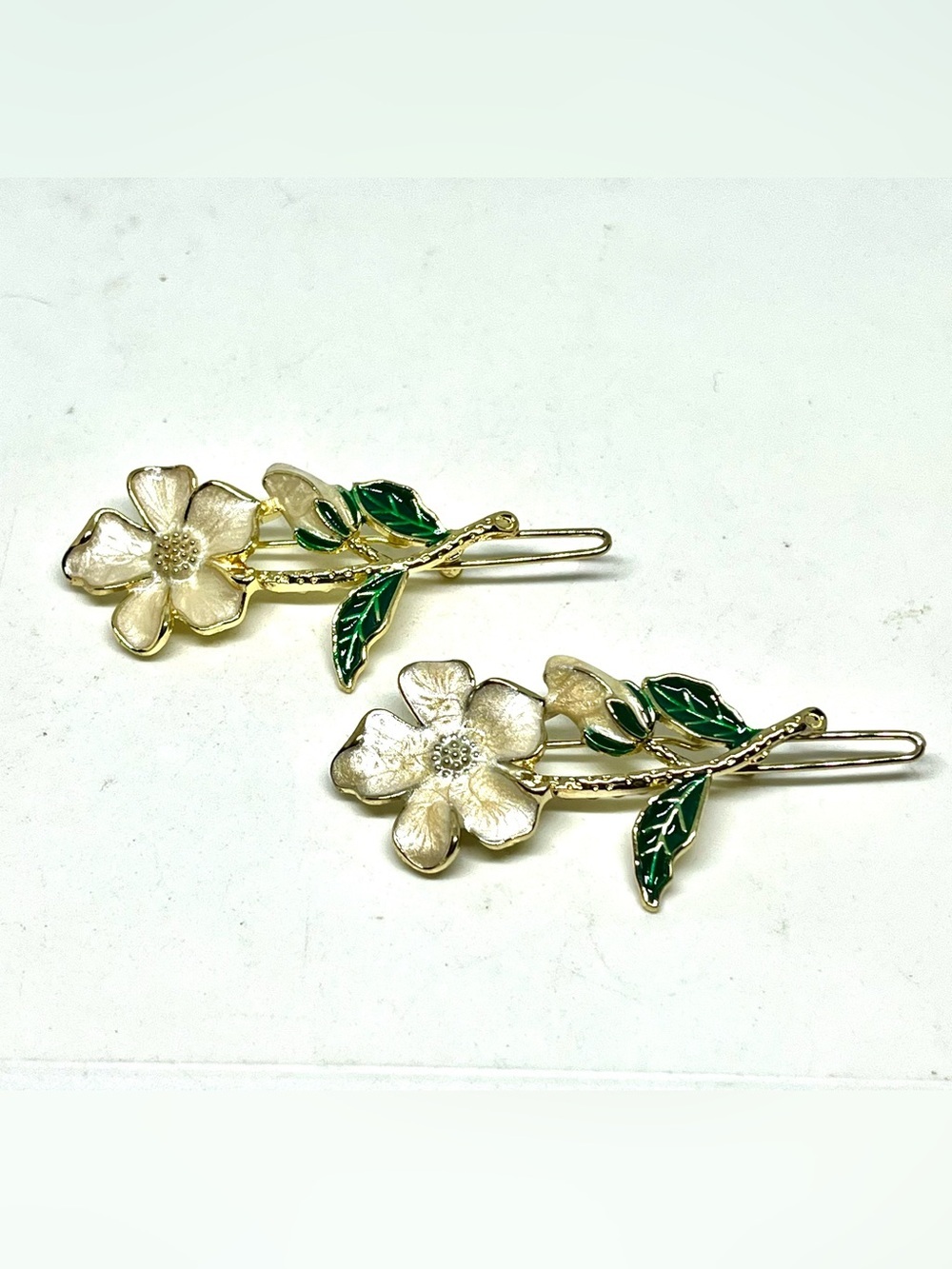 Gold Floral Enamel Hair Pins with White Flowers &  Green Leaves